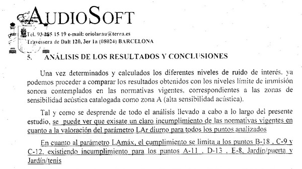 Conclusiones de la empresa AUDIOSOFT sobre el estudio sonométrico realizado en la comunitat Les Marines de Gavà Mar el 3 de diciembre de 2004